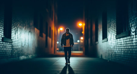 A man in a hoodie walks along the street at night.の素材
