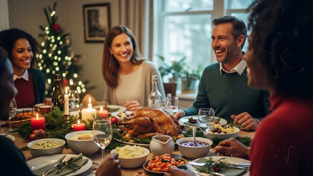 happy family with roasted turkey at christmas dinner in living room at homeの素材