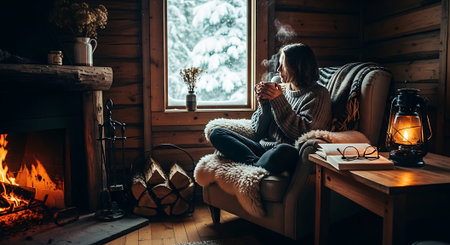 A woman in a knitted sweater sits by the fireplace and drinks coffee.の素材