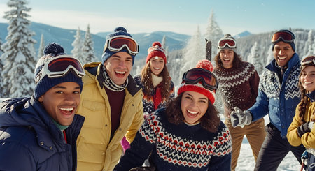 Group of friends having fun on snowboard in winter forest. Cheerful young men and women looking at camera and smiling.の素材