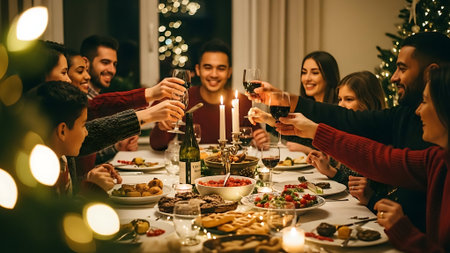 Group of friends celebrating Christmas and New Year at home, sitting at the festive table, drinking wine and having funの素材