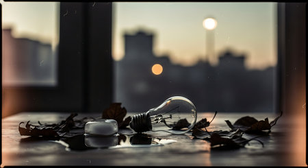 Light bulb and dry leaves on the windowsill. Conceptual image.の素材