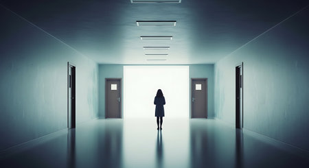 Silhouette of a woman standing in the middle of a corridorの素材