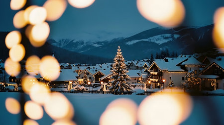 Christmas tree with lights on the background of the mountain village in the eveningの素材