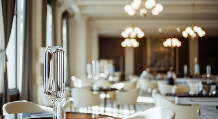 Restaurant interior with glass tableware and chairs, selective focusの素材