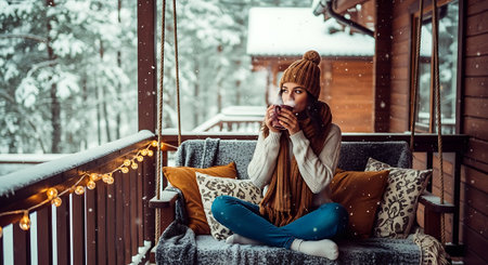 Beautiful young woman with cup of coffee sitting on the porch of the house in winter.の素材