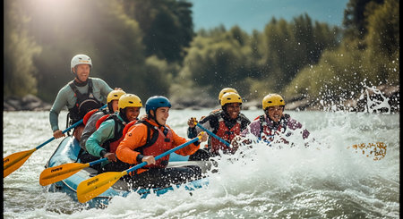 Group of friends rafting on the river in a kayak.の素材
