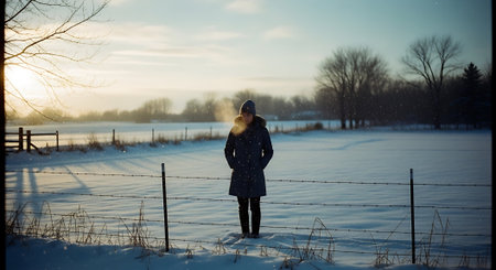 Beautiful young woman standing in winter field and looking at the sunsetの素材