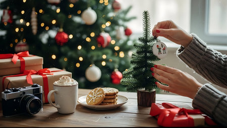 Woman decorating christmas tree with gingerbread cookies and cup of coffeeの素材