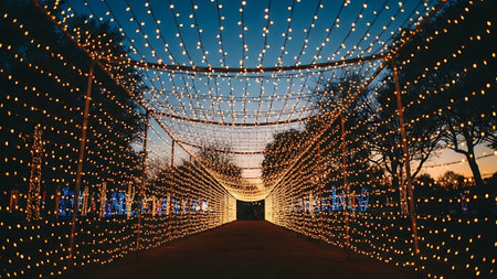 Night view of the bridge decorated with golden lights. Illumination in the park.の素材