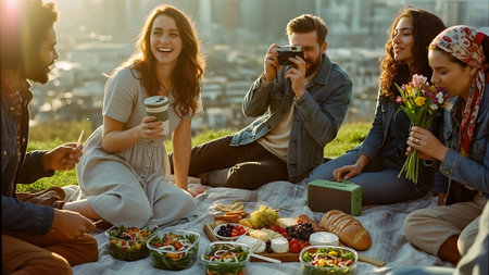 Group of friends having picnic on the roof. They are drinking coffee and photographing themselves.の素材