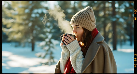 Young woman drinking hot coffee in the winter forest. Photo in old image style.の素材