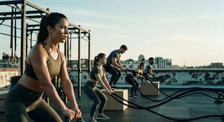 fitness, sport, training and lifestyle concept - group of people exercising with ropes on rooftopの素材