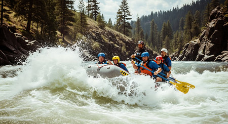 Group of people rafting on the river in the Altai mountainsの素材