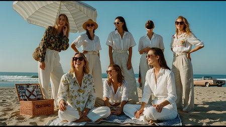 Group of young women meditating on the beach. Selective focus.の素材
