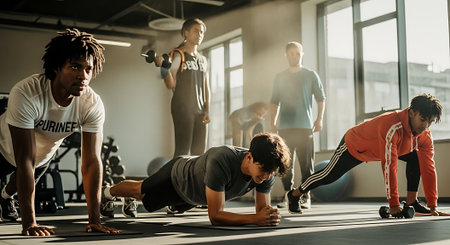 Group of young people doing push-ups in a fitness studio.の素材