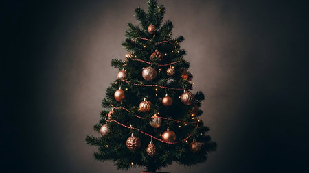 Christmas tree decorated with red and gold baubles on dark backgroundの素材