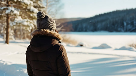 A young woman in a warm hat and jacket walks along the shore of a frozen lake in winter.の素材