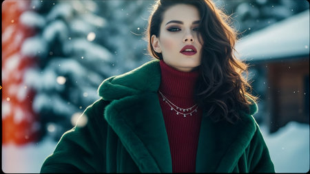 Beautiful young woman in a green coat and red earrings in the winter forestの素材