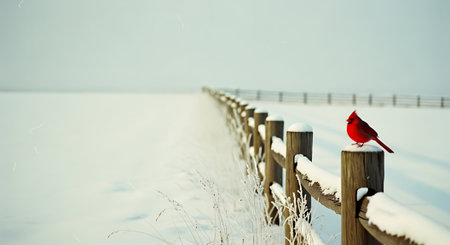 A red cardinal bird perched on a wooden fence in a snowy field.の素材