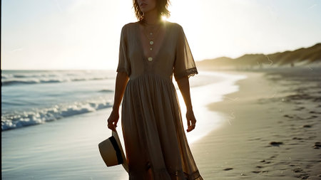 Young woman walking on the beach at sunset, wearing a long dressの素材