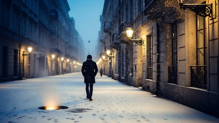 Woman walking in a snowy street at night. Winter in the city.の素材
