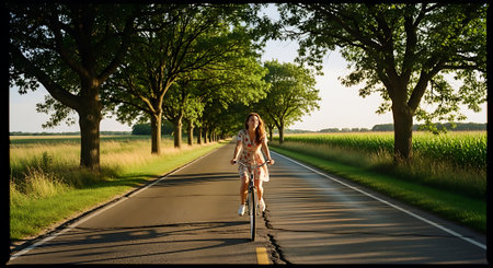 Young woman riding a scooter on a country road with trees in the backgroundの素材