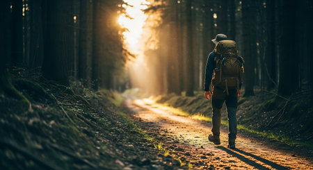 Man with backpack hiking in the forest at sunset. Travel and adventure conceptの素材