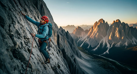 A woman is climbing on a rock in the Dolomites.の素材