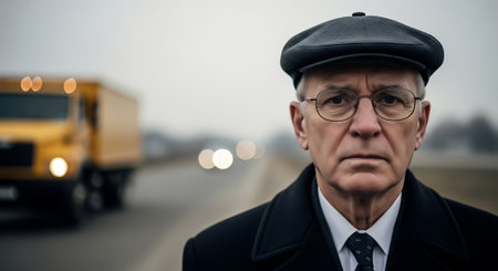 Portrait of a mature man in a black coat and a beret on the streetの素材