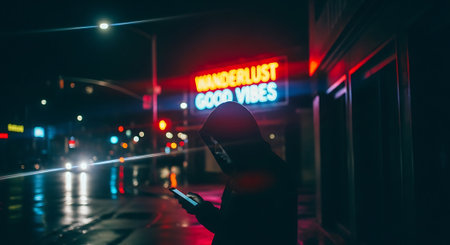 Woman wearing hoodie using mobile phone on the street at night.の素材