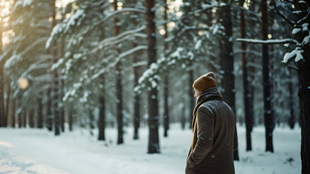 A man in a winter forest in the snow. A man walks in the winter forest.の素材
