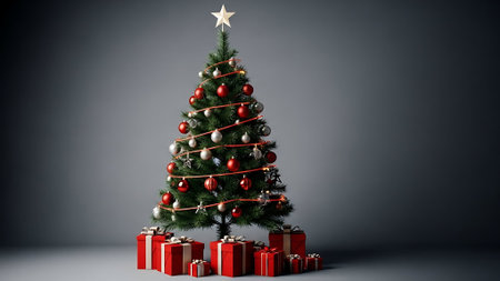 Christmas tree with gifts in front of grey background. 3d renderingの素材