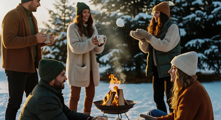 Group of friends having barbecue party in winter forest, drinking coffee and having funの素材