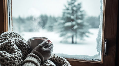 A cup of hot drink in the hands of a girl in a knitted sweater on the background of a winter landscape.の素材