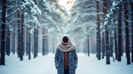 A man in a warm sweater and scarf walks in the winter forest.の素材