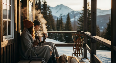 Beautiful young woman sitting on the porch of a wooden house with a dog and a cup of hot drink in her handsの素材