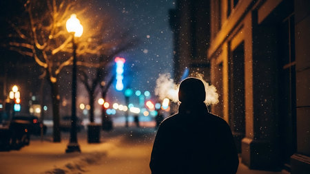 Man with beard smoke electronic cigarette on the street at night in winterの素材