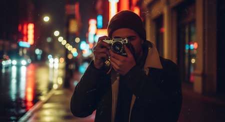 Young man taking photo with vintage camera on the street at night.の素材