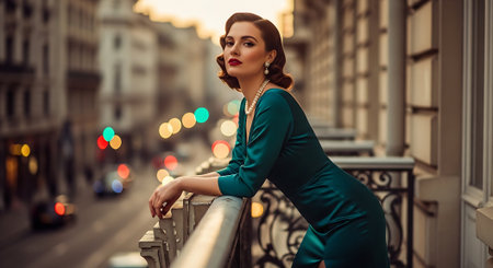 Beautiful young woman in green dress posing on the balcony in Paris, Franceの素材