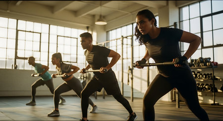 Portrait of group of people working out with weights in a gymの素材
