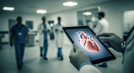 Close-up of a doctor holding a tablet pc with a human heart on the screenの素材