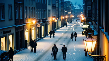 People walking in the street at night.の素材