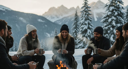 Group of friends sitting around campfire and drinking tea in winter forest.の素材
