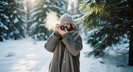 Young woman in winter forest with vintage camera taking photo of snow covered trees.の素材