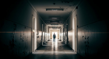 Silhouette Walking Through Abandoned Dark Hallwayの素材
