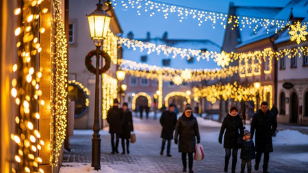 People walking on the streets of Prague at Christmas time.の素材