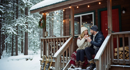 Couple in love on the porch of a wooden house in winterの素材