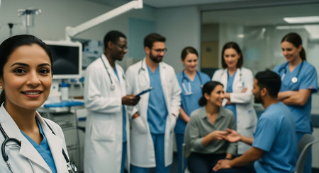Portrait of happy female doctor standing with colleagues in background at hospitalの素材