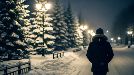 Woman in winter clothes walking on a snowy road at night. Rear view.の素材